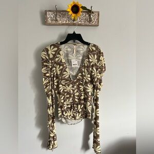 FREE PEOPLE Through The Meadow Top-Size S-Dried Basil Floral Mesh Ruched Top-NWT
